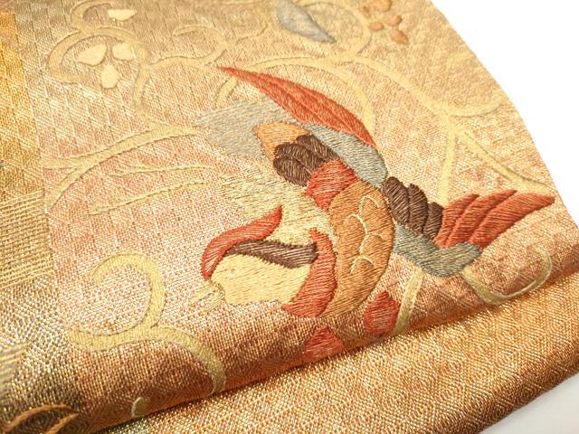 平和屋着物●ひなや工房　くむ・あむ・おる　伊豆蔵明彦　太鼓柄袋帯　総刺繍　花鳥文　金糸　正絹　逸品　CABE8514hy