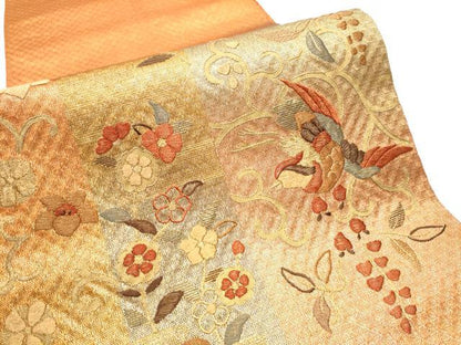 平和屋着物●ひなや工房　くむ・あむ・おる　伊豆蔵明彦　太鼓柄袋帯　総刺繍　花鳥文　金糸　正絹　逸品　CABE8514hy