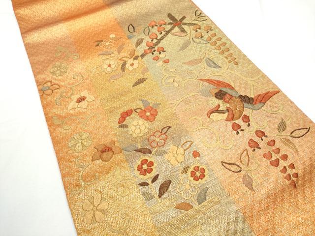 平和屋着物●ひなや工房　くむ・あむ・おる　伊豆蔵明彦　太鼓柄袋帯　総刺繍　花鳥文　金糸　正絹　逸品　CABE8514hy