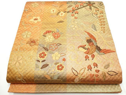 平和屋着物●ひなや工房　くむ・あむ・おる　伊豆蔵明彦　太鼓柄袋帯　総刺繍　花鳥文　金糸　正絹　逸品　CABE8514hy