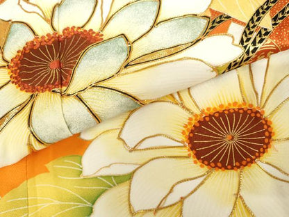 平和屋着物▼豪華振袖　駒刺繍　草花文　金彩　正絹　逸品　AABH3672cs