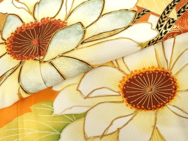 平和屋着物▼豪華振袖　駒刺繍　草花文　金彩　正絹　逸品　AABH3672cs