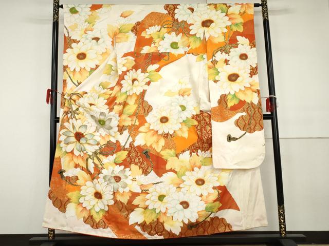 平和屋着物▼豪華振袖　駒刺繍　草花文　金彩　正絹　逸品　AABH3672cs