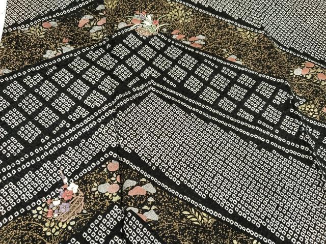 平和屋着物●訪問着　絞り　刺繍　草花文　黒地　金銀彩　三越扱い　正絹　逸品　AABH4097ph