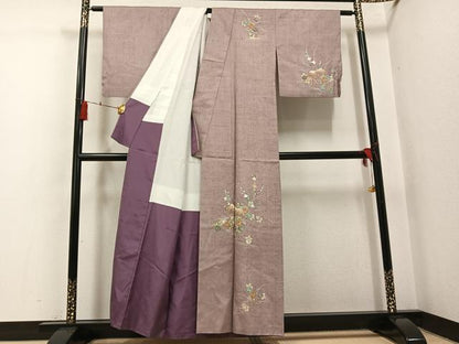 平和屋着物●訪問着　紬地　流水風景花文　金彩　正絹　逸品　AABH4117ph