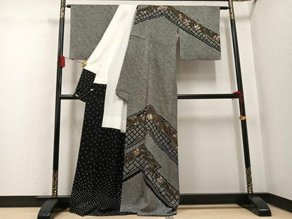 平和屋着物●訪問着　絞り　刺繍　草花文　黒地　金銀彩　三越扱い　正絹　逸品　AABH4097ph