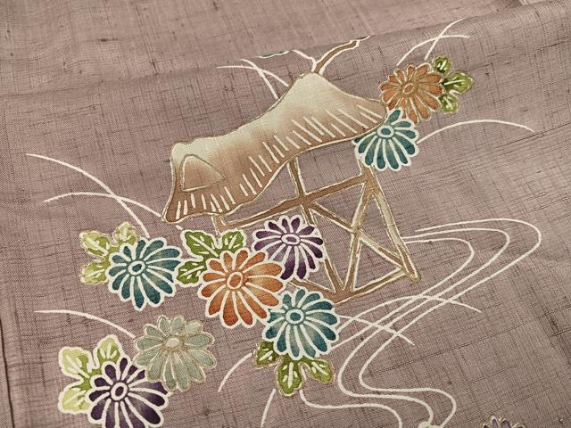 平和屋着物●訪問着　紬地　流水風景花文　金彩　正絹　逸品　AABH4117ph