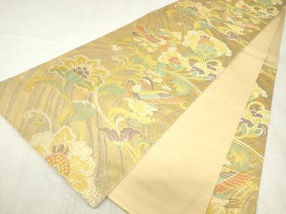 平和屋着物▼六通柄袋帯 鴛鴦更紗花文 金糸 正絹 逸品 DABC3822az