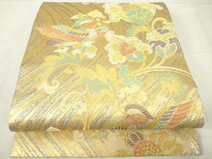 平和屋着物▼六通柄袋帯 鴛鴦更紗花文 金糸 正絹 逸品 DABC3822az