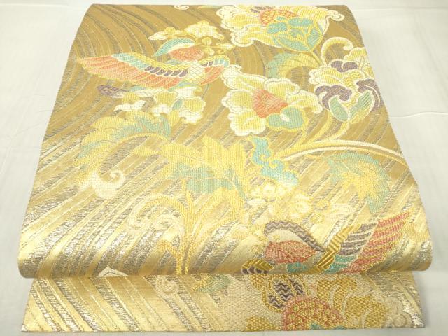 平和屋着物▼六通柄袋帯 鴛鴦更紗花文 金糸 正絹 逸品 DABC3822az