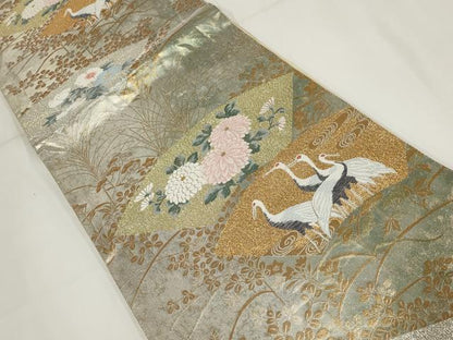 平和屋着物▼六通柄袋帯　地紙花文　鶴　唯美　金銀糸　正絹　逸品　AABH1576wj