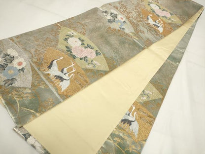 平和屋着物▼六通柄袋帯　地紙花文　鶴　唯美　金銀糸　正絹　逸品　AABH1576wj
