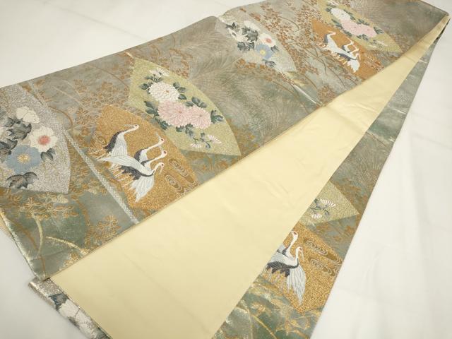 平和屋着物▼六通柄袋帯　地紙花文　鶴　唯美　金銀糸　正絹　逸品　AABH1576wj