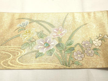 平和屋着物◎九寸名古屋帯 螺鈿 カトレア 金銀彩 引箔 正絹 逸品 未使用 CABF0045vf