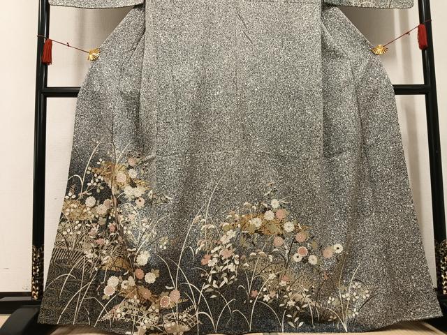 平和屋着物●訪問着　草花文　たたき染め　黒地　金彩　正絹　逸品　AABH4141ph 平和屋着物○訪問着 草花文 たたき染め 黒地 金彩 正絹 逸品 AABH4141ph