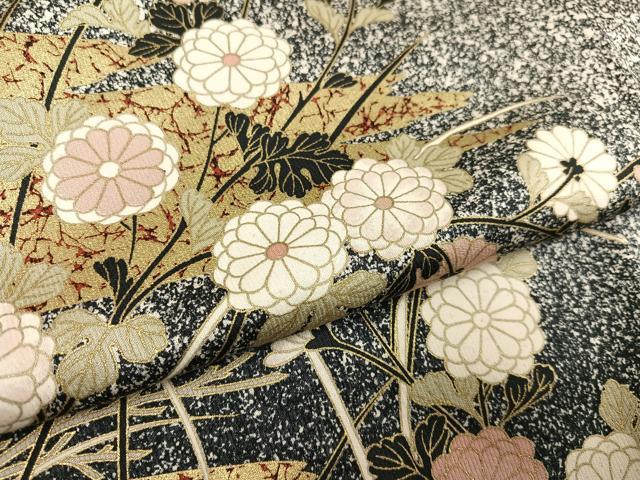 平和屋着物●訪問着　草花文　たたき染め　黒地　金彩　正絹　逸品　AABH4141ph 平和屋着物○訪問着 草花文 たたき染め 黒地 金彩 正絹 逸品 AABH4141ph