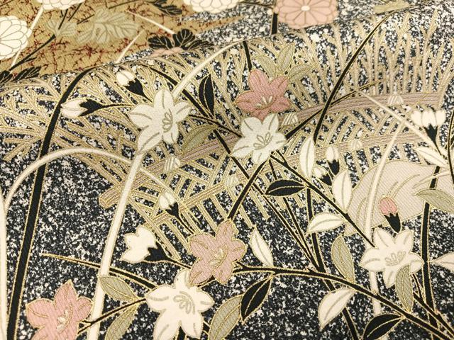 平和屋着物●訪問着　草花文　たたき染め　黒地　金彩　正絹　逸品　AABH4141ph 平和屋着物○訪問着 草花文 たたき染め 黒地 金彩 正絹 逸品