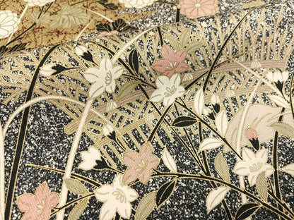 平和屋着物●訪問着　草花文　たたき染め　黒地　金彩　正絹　逸品　AABH4141ph