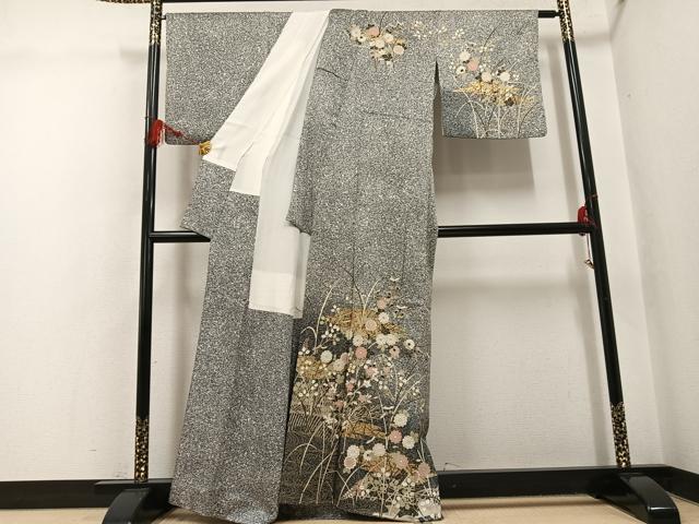 平和屋着物○訪問着 草花文 たたき染め 黒地 金彩 正絹 逸品 AABH4141ph