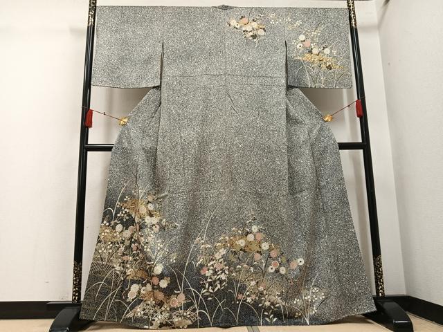 平和屋着物○訪問着 草花文 たたき染め 黒地 金彩 正絹 逸品 AABH4141ph