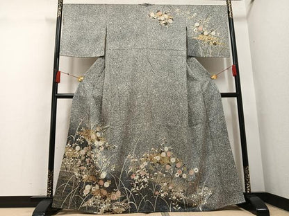 平和屋着物●訪問着　草花文　たたき染め　黒地　金彩　正絹　逸品　AABH4141ph
