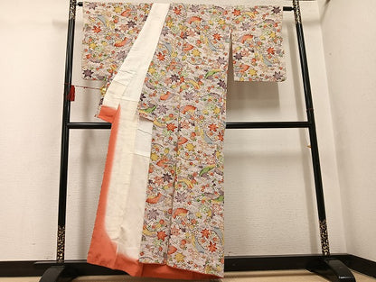 平和屋着物●上質な小紋　型染め　扇面草花文　正絹　逸品　AABH4163ph