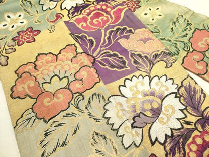 平和屋着物●アンティーク　大正ロマン　九寸名古屋帯　洋花文　金糸　正絹　逸品　DABE1240op