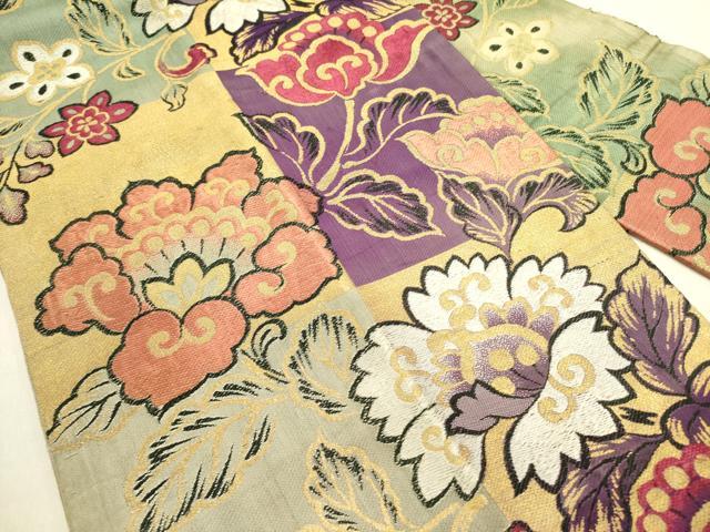 平和屋着物●アンティーク　大正ロマン　九寸名古屋帯　洋花文　金糸　正絹　逸品　DABE1240op