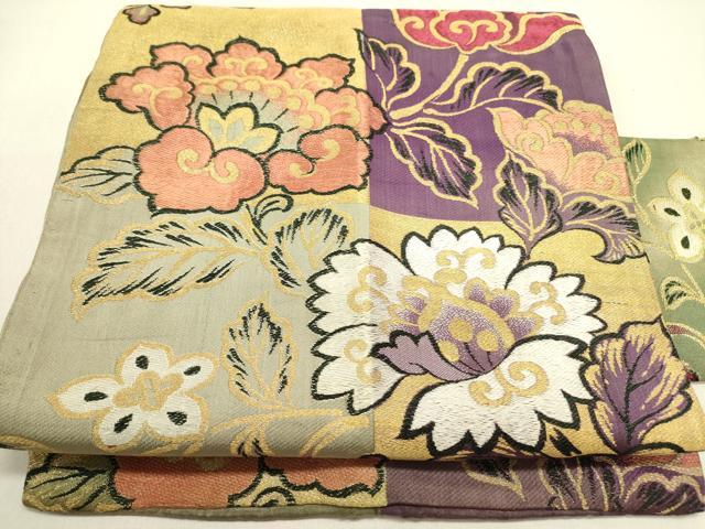 平和屋着物●アンティーク　大正ロマン　九寸名古屋帯　洋花文　金糸　正絹　逸品　DABE1240op