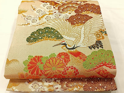 平和屋着物◎アンティーク　大正ロマン　丸帯　唐織　飛鶴花文　金糸　正絹　逸品　AABH2428uk