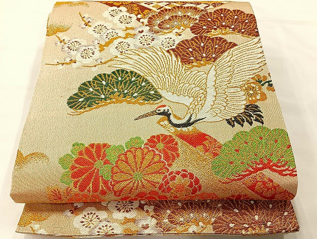 平和屋着物◎アンティーク　大正ロマン　丸帯　唐織　飛鶴花文　金糸　正絹　逸品　AABH2428uk