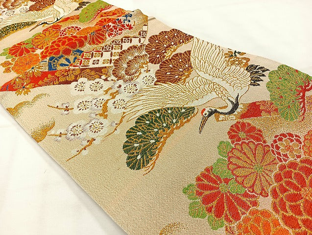 平和屋着物◎アンティーク　大正ロマン　丸帯　唐織　飛鶴花文　金糸　正絹　逸品　AABH2428uk