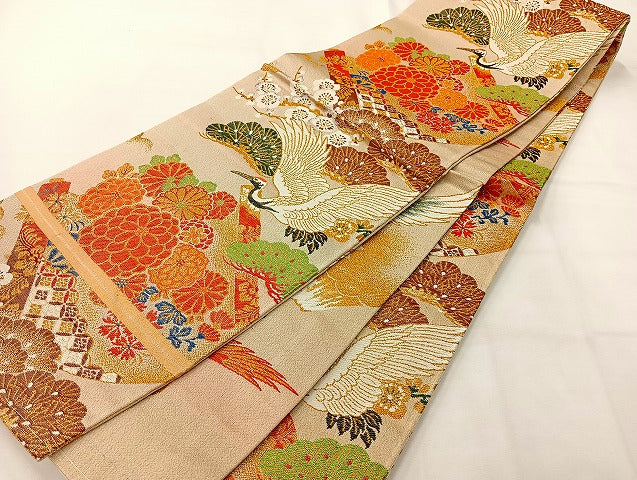 平和屋着物◎アンティーク　大正ロマン　丸帯　唐織　飛鶴花文　金糸　正絹　逸品　AABH2428uk