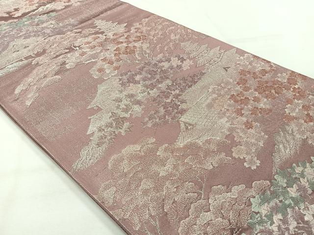 平和屋着物◎六通柄袋帯　九百緞子織　風景文　銀糸　正絹　逸品　AABH5409uk