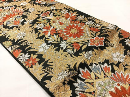 平和屋着物◎六通柄袋帯　唐織　飾花文　黒地　金糸　正絹　逸品　AABH5410uk