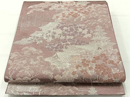 平和屋着物◎六通柄袋帯　九百緞子織　風景文　銀糸　正絹　逸品　AABH5409uk