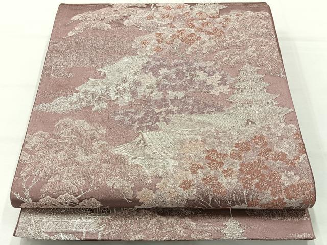 平和屋着物◎六通柄袋帯　九百緞子織　風景文　銀糸　正絹　逸品　AABH5409uk