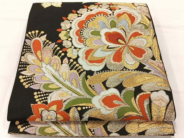 平和屋着物◎六通柄　本袋帯　唐織　草花文　黒地　金銀糸　正絹　逸品　AABH5428uk