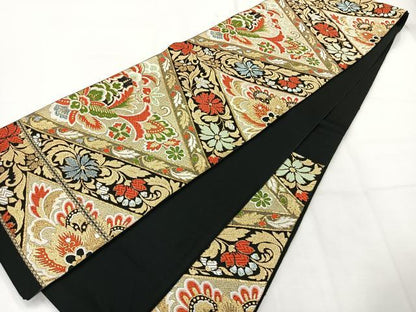 平和屋着物◎六通柄袋帯　唐織　花菱文　黒地　金糸　正絹　逸品　AABH5427uk