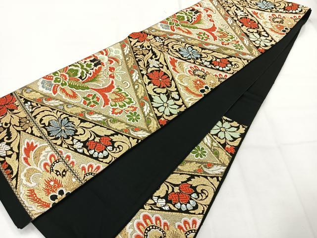 平和屋着物◎六通柄袋帯　唐織　花菱文　黒地　金糸　正絹　逸品　AABH5427uk