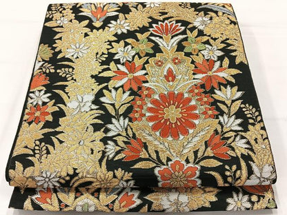 平和屋着物◎六通柄袋帯　唐織　飾花文　黒地　金糸　正絹　逸品　AABH5410uk
