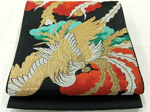 平和屋着物◎六通柄袋帯　唐織　鳳凰文　黒地　金銀糸　正絹　逸品　AABH5435uk