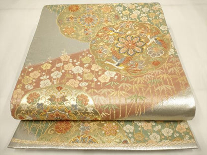 平和屋着物▼六通柄袋帯　瑞祥　花鳥丸文　金銀糸　正絹　逸品　AABH1622wj