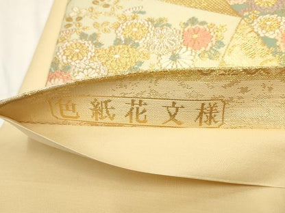 平和屋着物▼太鼓柄袋帯　色紙花文様　金銀糸　正絹　逸品　AABH1623wj