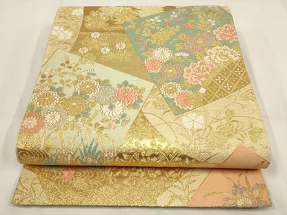 平和屋着物▼太鼓柄袋帯　色紙花文様　金銀糸　正絹　逸品　AABH1623wj