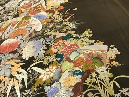 平和屋着物●アンティーク　大正ロマン　黒留袖　刺繍　地紙花文　金糸　金彩　正絹　逸品　AABH4654fy