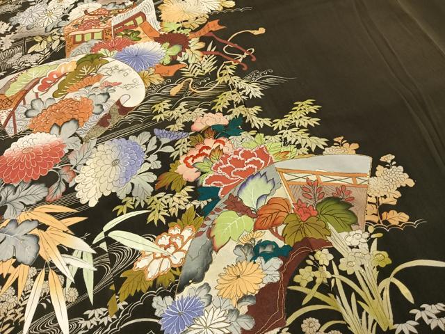平和屋着物●アンティーク　大正ロマン　黒留袖　刺繍　地紙花文　金糸　金彩　正絹　逸品　AABH4654fy