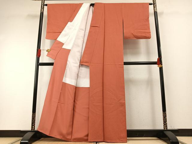 平和屋着物●上質な色無地　珊瑚朱色　正絹　逸品　未使用　AABH4662fy