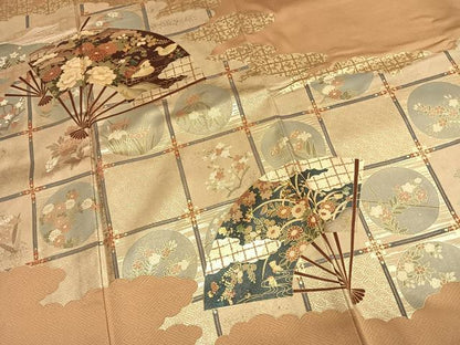 平和屋着物●豪華色留袖　作家物　龍谷　扇面花鳥文　金彩　正絹　逸品　AABH4652fy