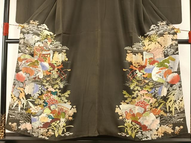 平和屋着物●アンティーク　大正ロマン　黒留袖　刺繍　地紙花文　金糸　金彩　正絹　逸品　AABH4654fy